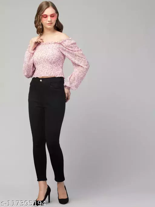 Pink Floral Print Smocked Off-Shoulder Top