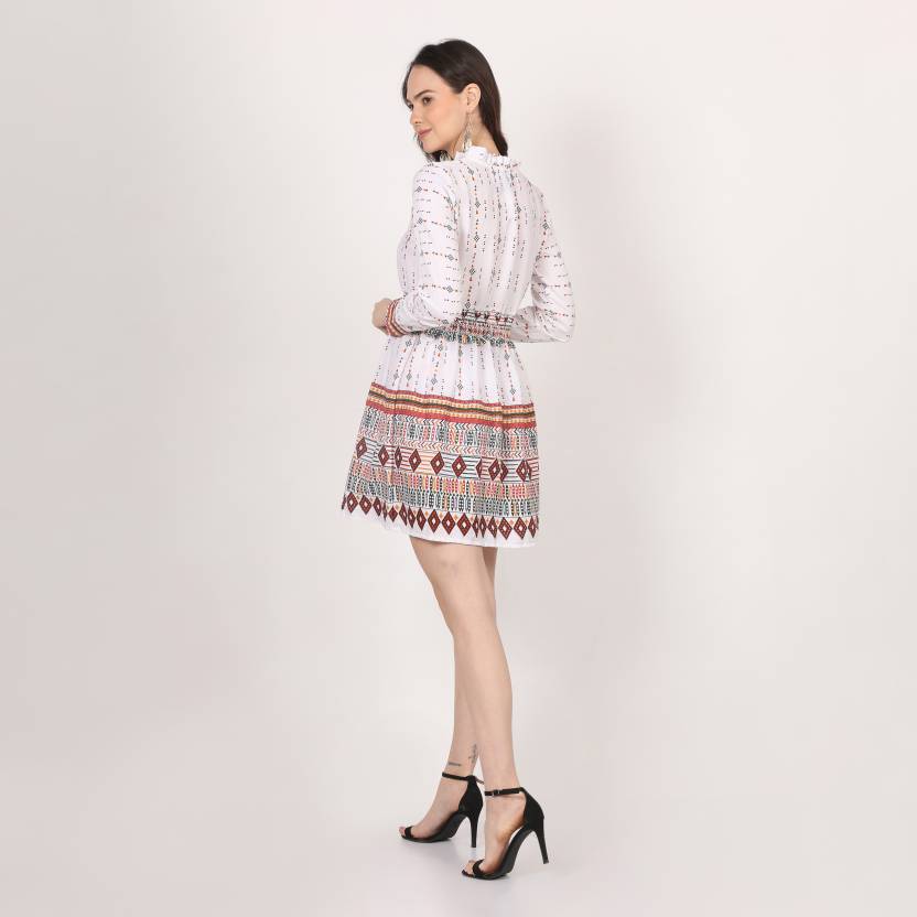 White Mini Dress with Red Geometric Print Smocked Waist