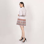White Mini Dress with Red Geometric Print Smocked Waist