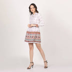 White Mini Dress with Red Geometric Print Smocked Waist