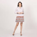 White Mini Dress with Red Geometric Print Smocked Waist