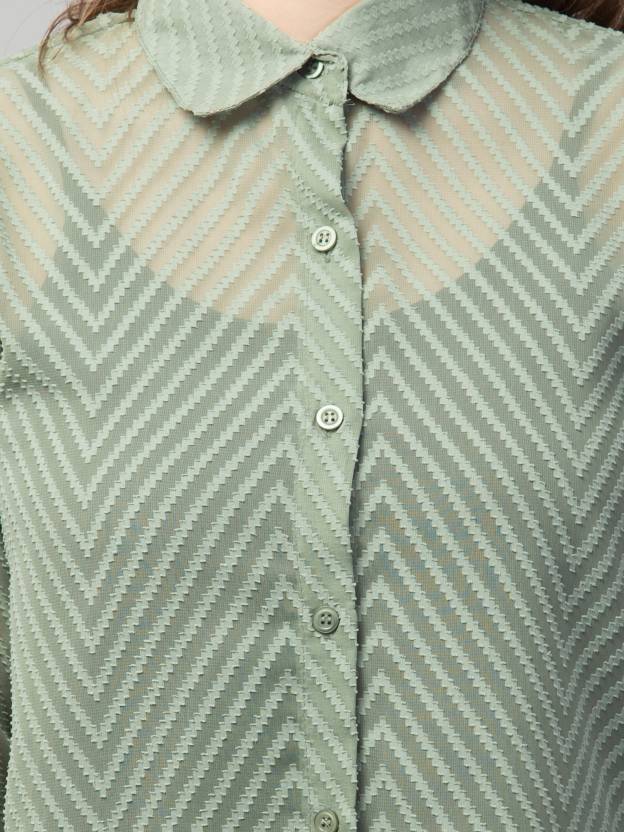 Pista Green Sheer Chevron Jacquard Button-Up Shirt