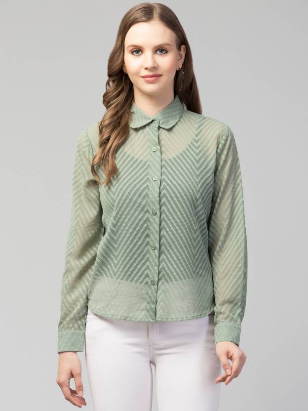 Pista Green Sheer Chevron Jacquard Button-Up Shirt