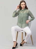 Pista Green Sheer Chevron Jacquard Button-Up Shirt