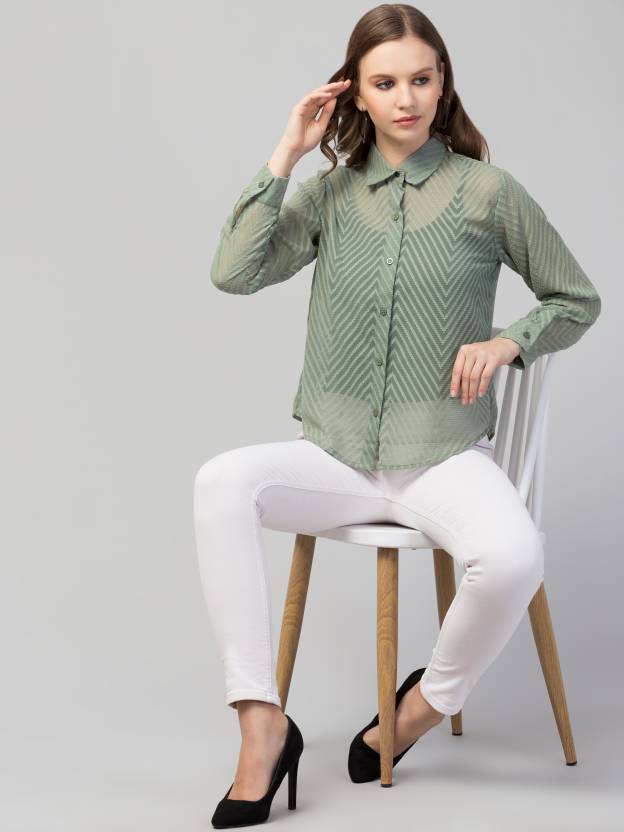 Pista Green Sheer Chevron Jacquard Button-Up Shirt