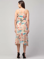 Beige Abstract Print Wrap Dress