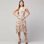 Beige Abstract Print Wrap Dress