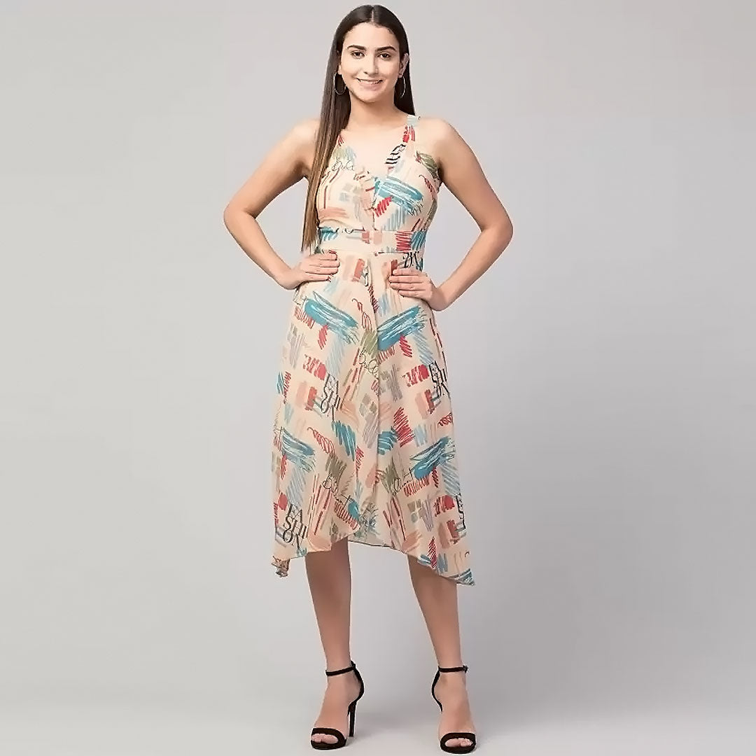 Beige Abstract Print Wrap Dress