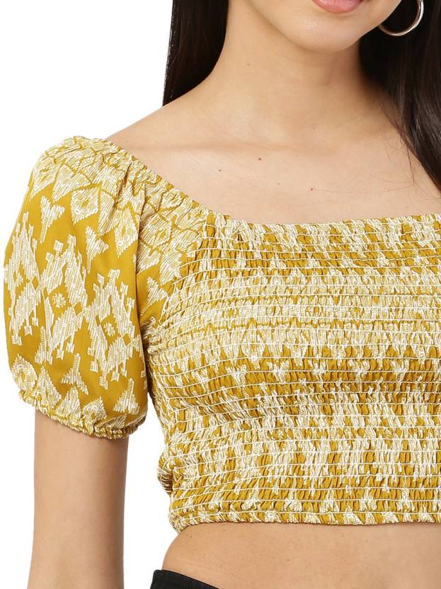 Mustard Yellow Geometric Print Smocked Crop Top