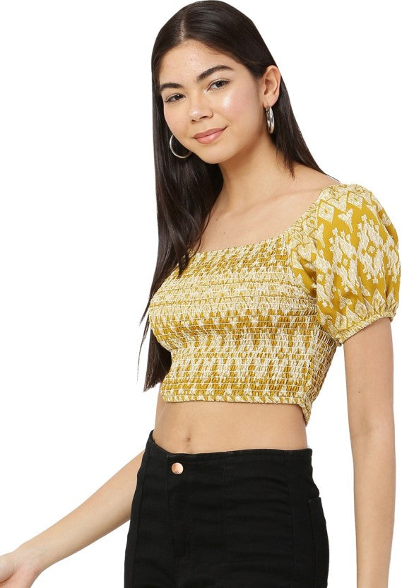 Mustard Yellow Geometric Print Smocked Crop Top