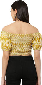 Mustard Yellow Geometric Print Smocked Crop Top
