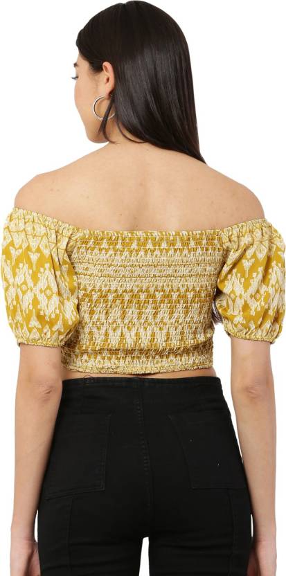 Mustard Yellow Geometric Print Smocked Crop Top
