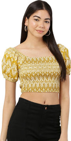 Mustard Yellow Geometric Print Smocked Crop Top