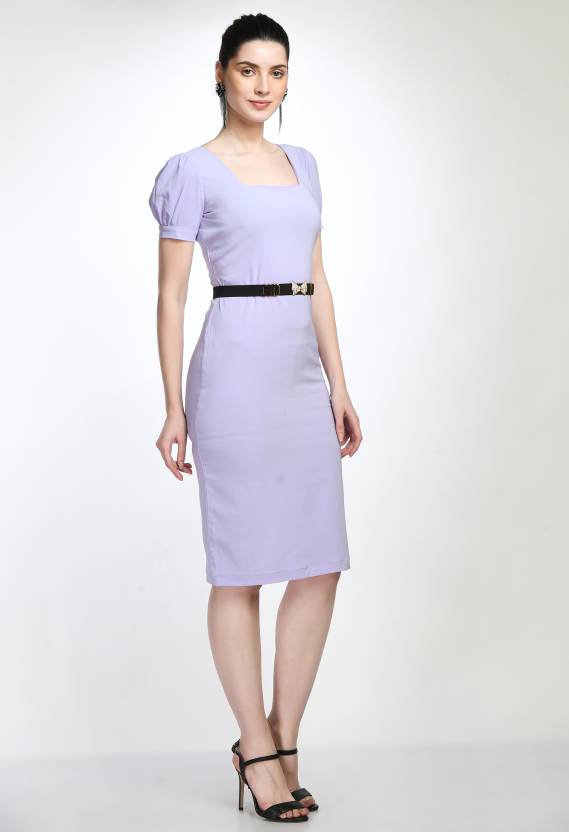 Lavender Bodycon Cotton Spandex Midi Dress with Belt