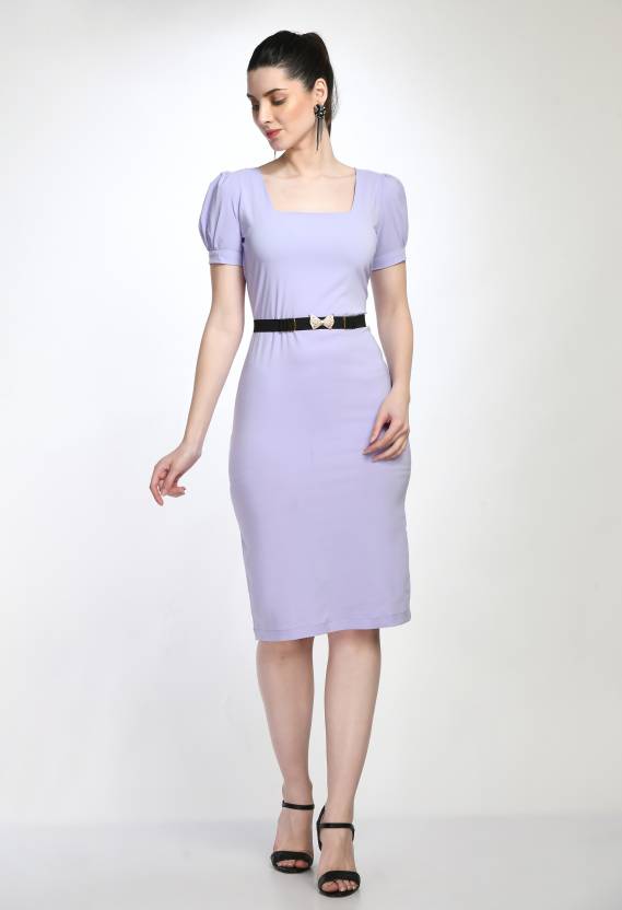 Lavender Bodycon Cotton Spandex Midi Dress with Belt