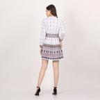 White Geometric Print Smocked Waist Mini Dress