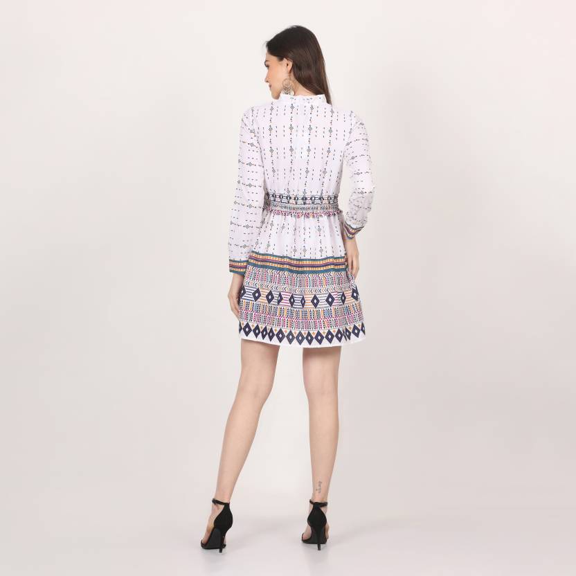 White Geometric Print Smocked Waist Mini Dress