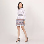 White Geometric Print Smocked Waist Mini Dress