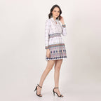 White Geometric Print Smocked Waist Mini Dress