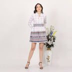 White Geometric Print Smocked Waist Mini Dress
