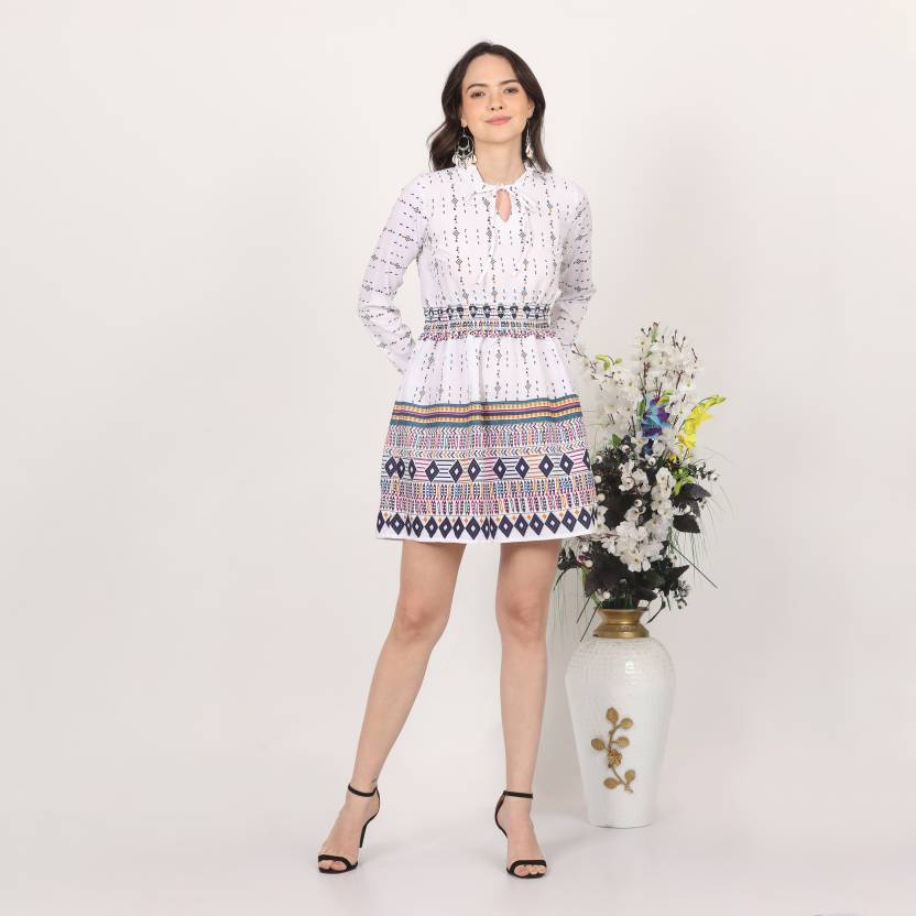 White Geometric Print Smocked Waist Mini Dress