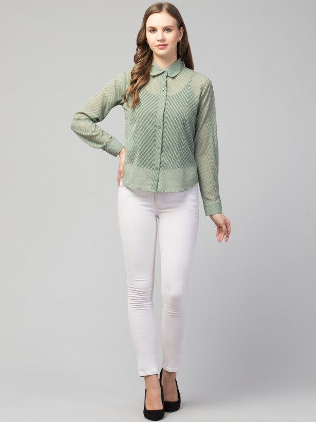Pista Green Sheer Chevron Jacquard Button-Up Shirt