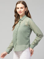 Pista Green Sheer Chevron Jacquard Button-Up Shirt