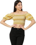 Mustard Yellow Geometric Print Smocked Crop Top