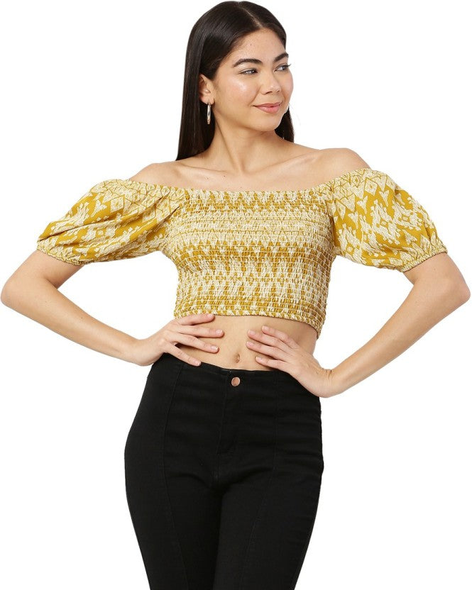 Mustard Yellow Geometric Print Smocked Crop Top