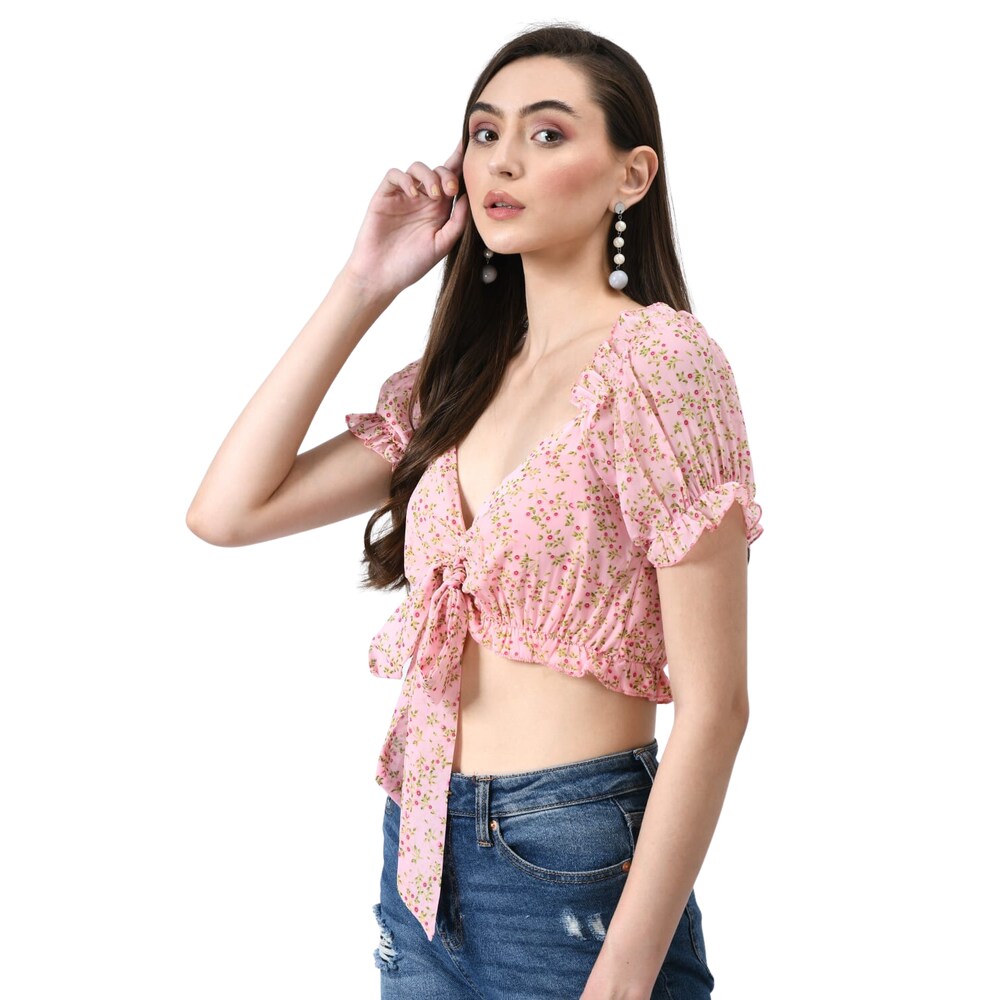 Mint Green Floral Print Tie-Front Crop Top