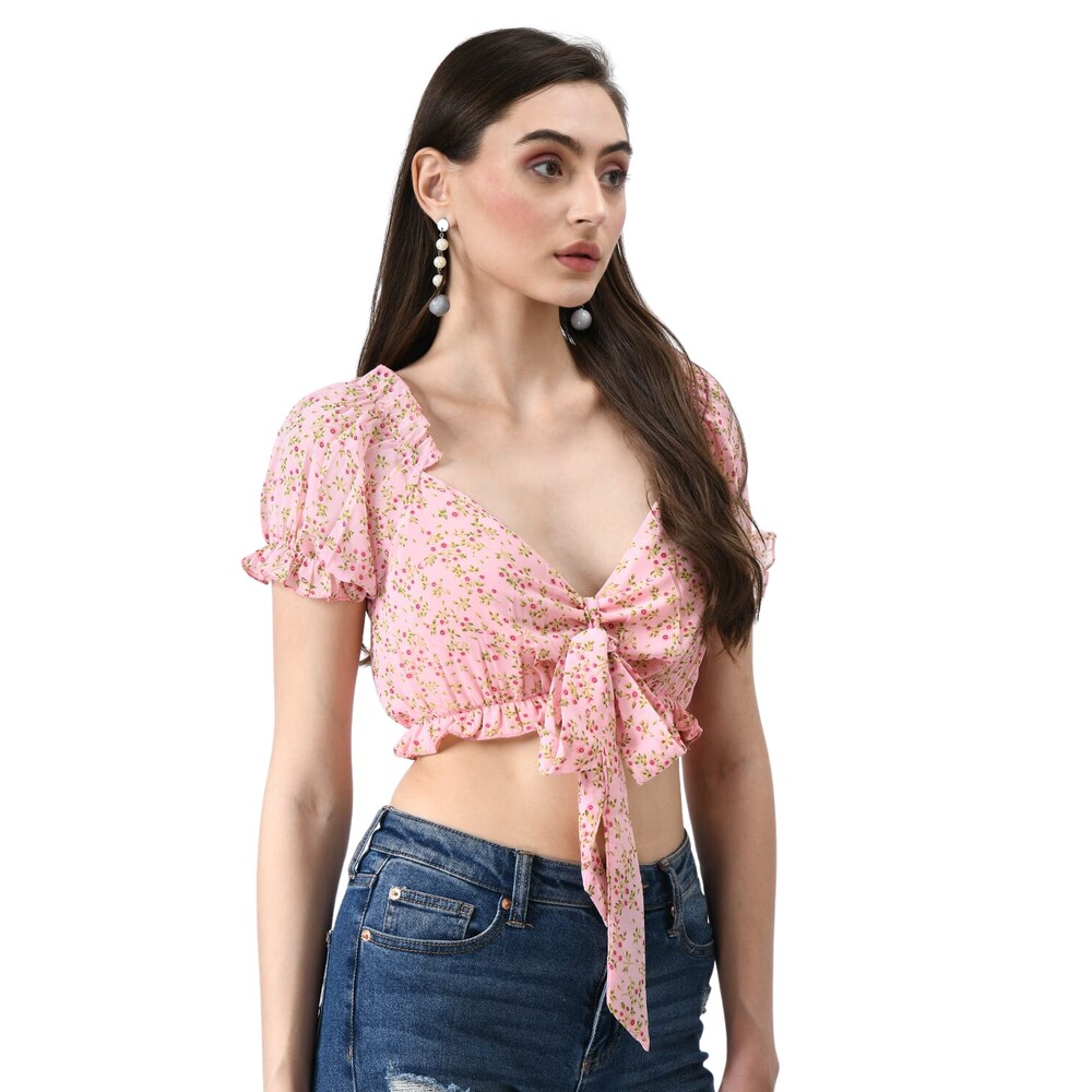 Pink Floral Print Tie-Front Crop Top