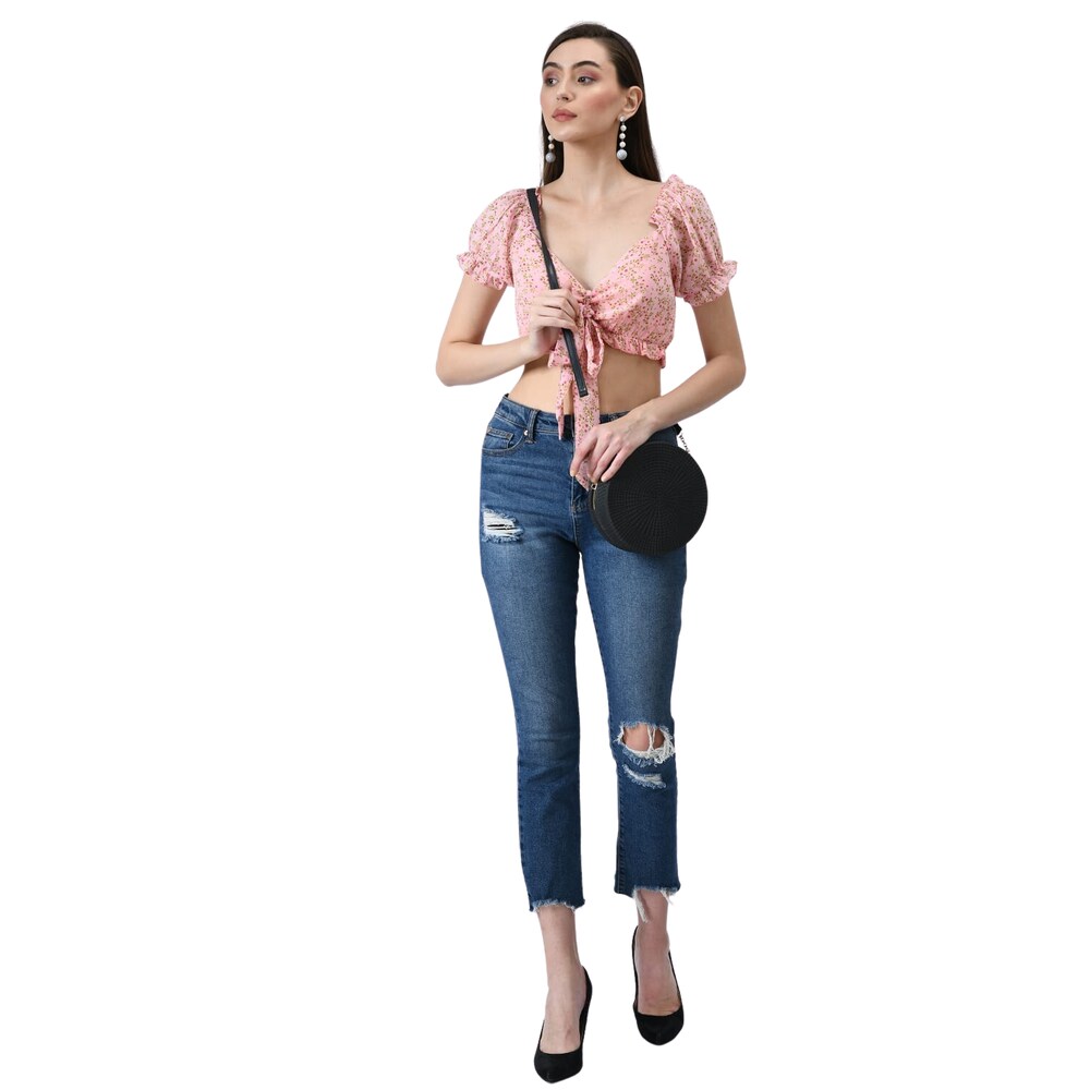 Pink Floral Print Tie-Front Crop Top
