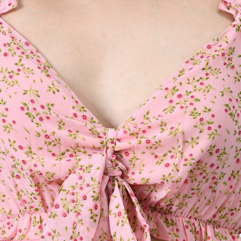 Pink Floral Print Tie-Front Crop Top