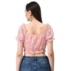 Pink Floral Print Tie-Front Crop Top
