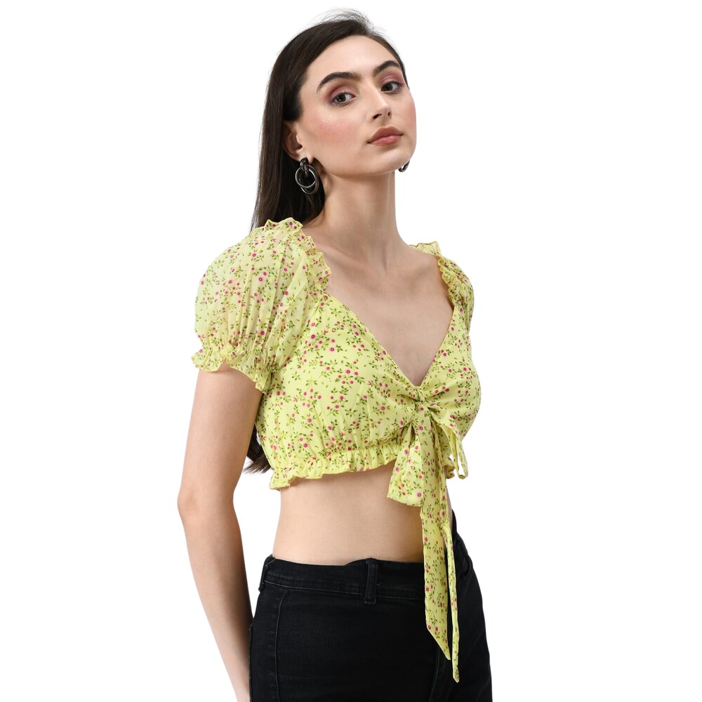 Mint Green Floral Print Tie-Front Crop Top