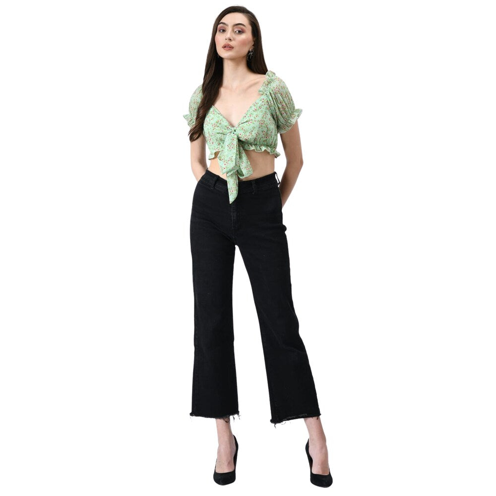 Mint Green Floral Print Tie-Front Crop Top