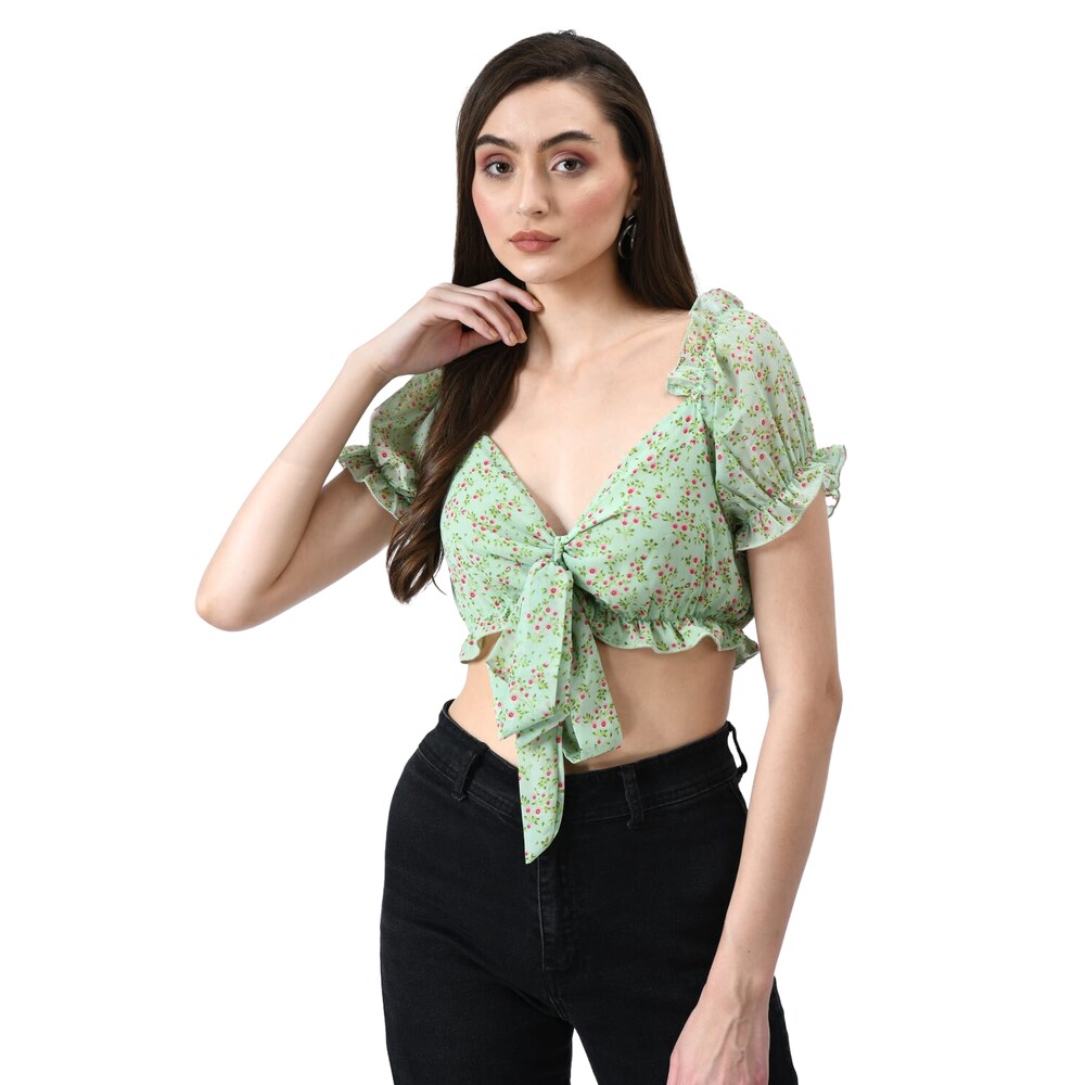 Mint Green Floral Print Tie-Front Crop Top