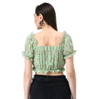 Mint Green Floral Print Tie-Front Crop Top