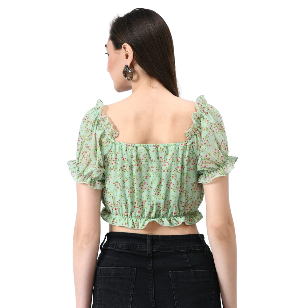 Mint Green Floral Print Tie-Front Crop Top