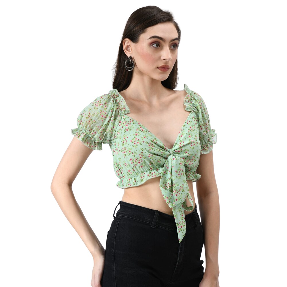 Mint Green Floral Print Tie-Front Crop Top