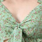 Mint Green Floral Print Tie-Front Crop Top
