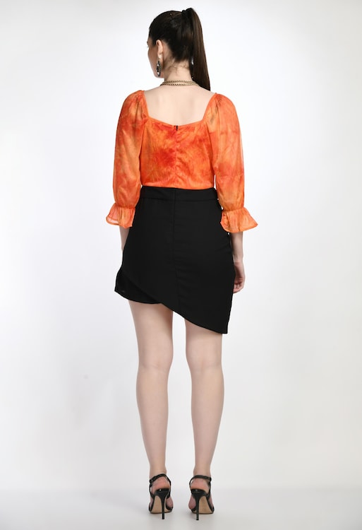 Orange Crushed & Printed Body-Con Skirt Dress Dual Colour