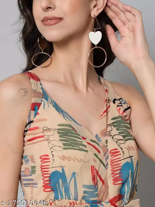 Beige Abstract Print Wrap Dress