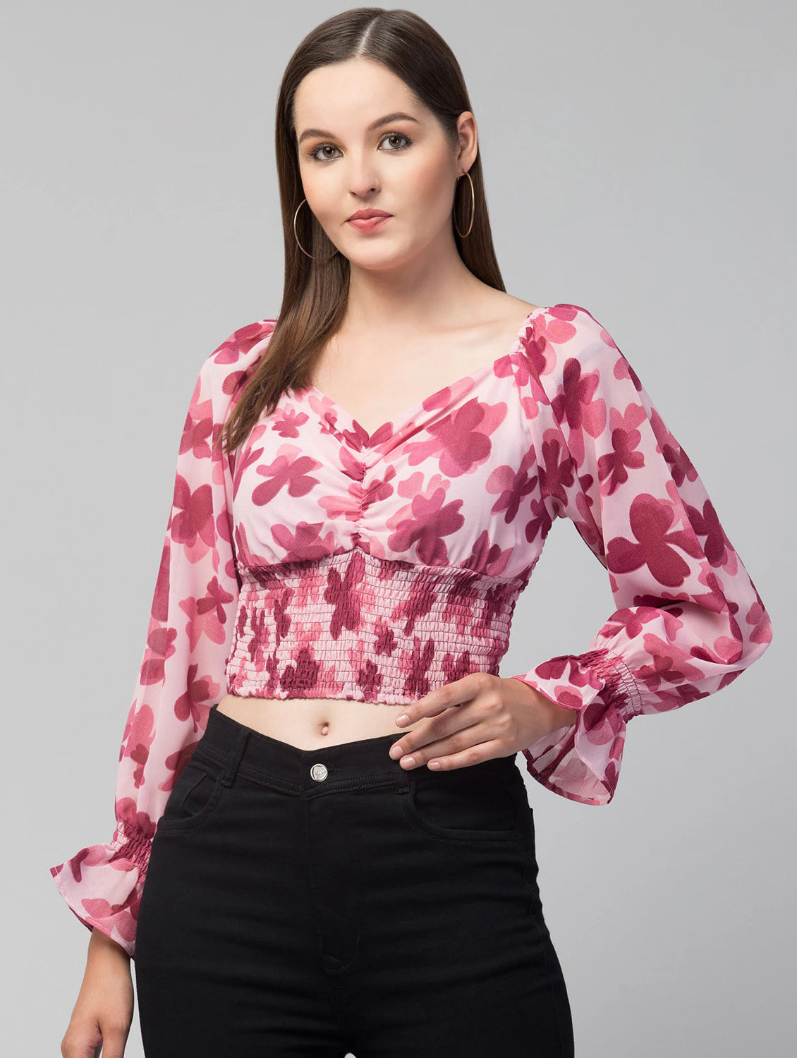 PURPLE GEORGETTE PRINTED V-NECK TOP