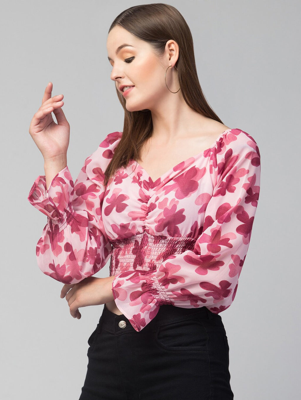 PURPLE GEORGETTE PRINTED V-NECK TOP