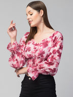 PURPLE GEORGETTE PRINTED V-NECK TOP