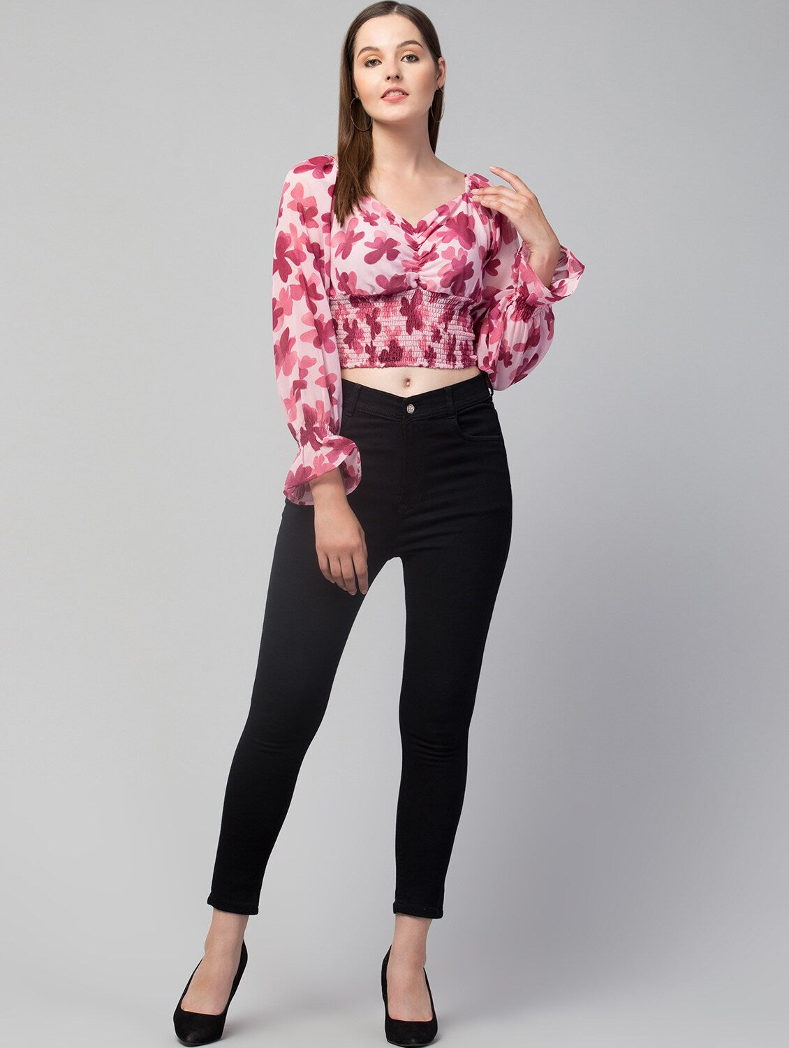 PURPLE GEORGETTE PRINTED V-NECK TOP