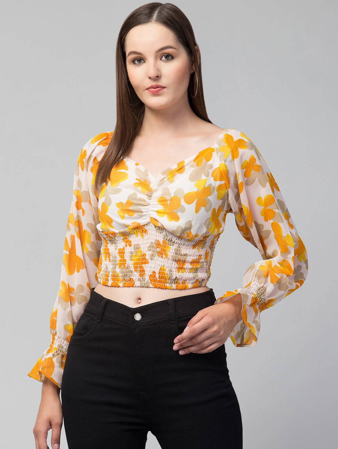 PURPLE GEORGETTE PRINTED V-NECK TOP