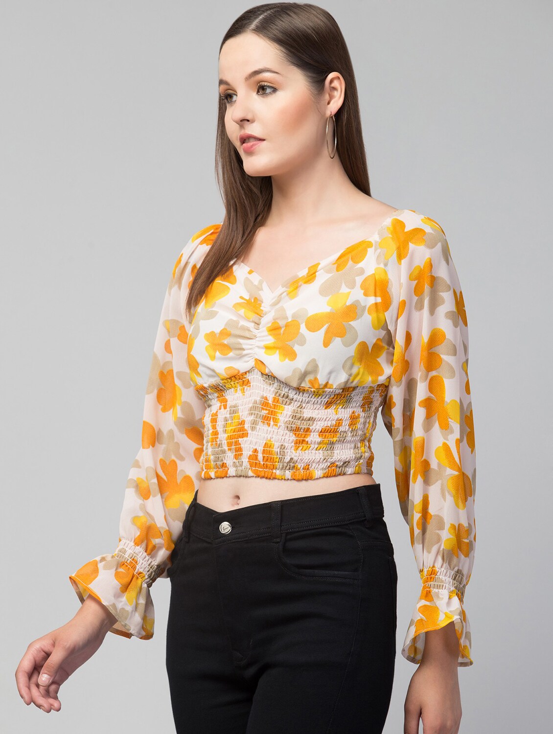 Printed V-neck Yellow Georgette Top