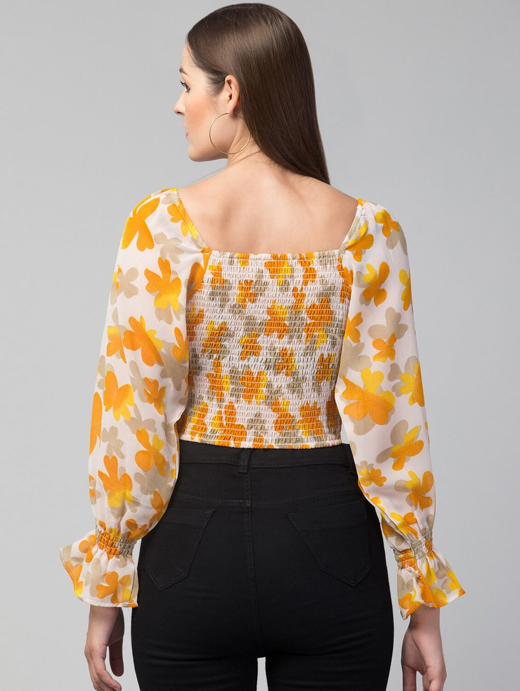 Printed V-neck Yellow Georgette Top